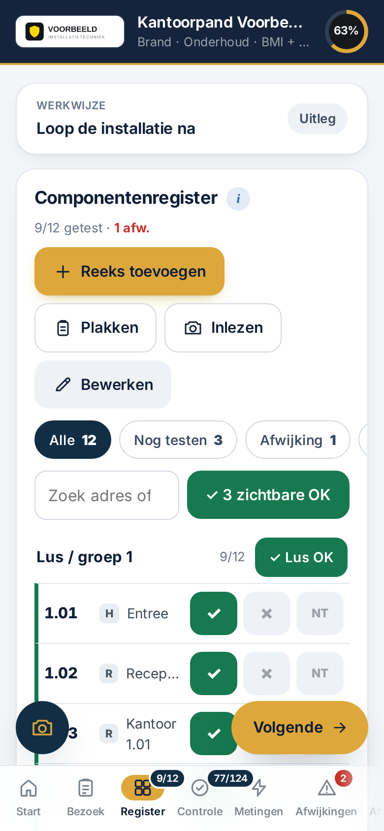 Componentenregister met per melder in orde, afwijking of niet toegankelijk
